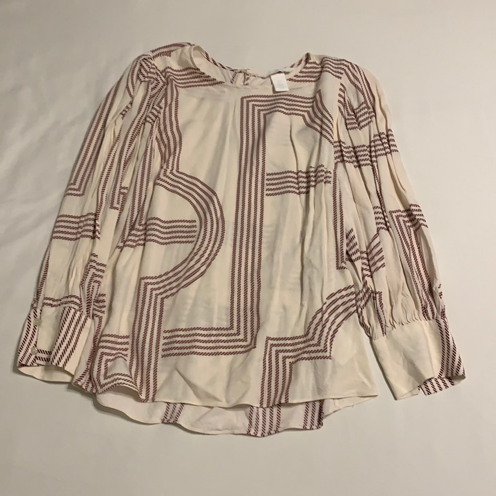 H&M Abstract Cream and Burgundy Long Sleeve Blouse